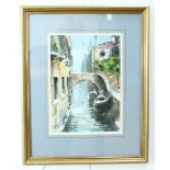 A scene of a gondola tied up in a Venetian canal, unsigned watercolour, matted under glass in a gilt