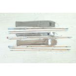 Three fishing rods, comprising a Alcock's Greenheart fly fishing rod, 10 1/2' in three sections, a