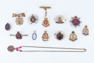 A group of sweetheart brooches together with a Royal Engineers sweetheart necklace