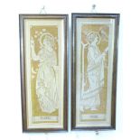 A pair of Art Nouveau framed embroidered panels, titled 'Poetry' and 'Song', depicting classical