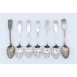 Seven 19th Century Scottish silver fiddle pattern teaspoons, comprising five spoons bearing