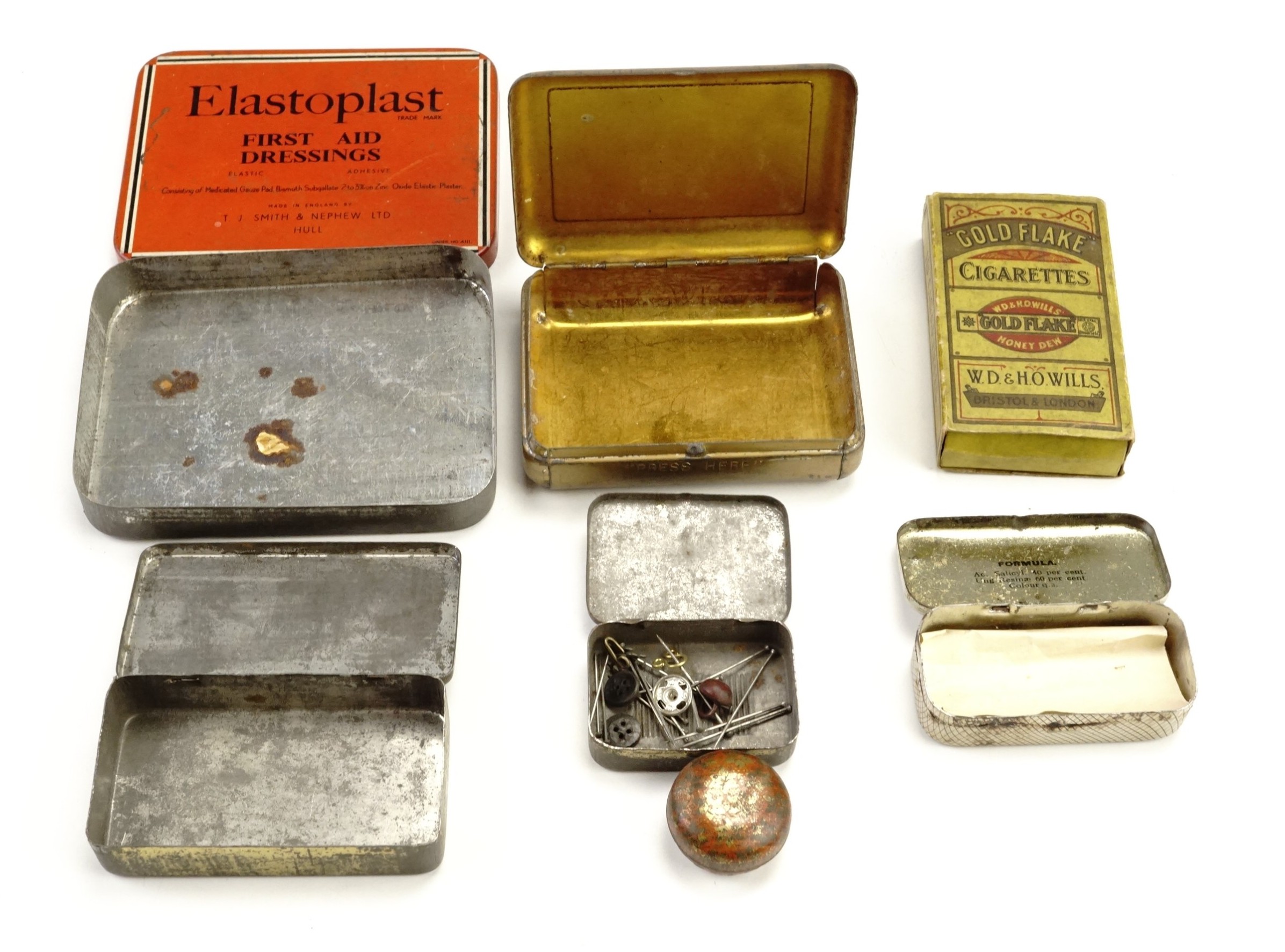 Six small vintage tins, and a cigarette box largest tin 10 x 8 x 1.5 cm - Image 3 of 3