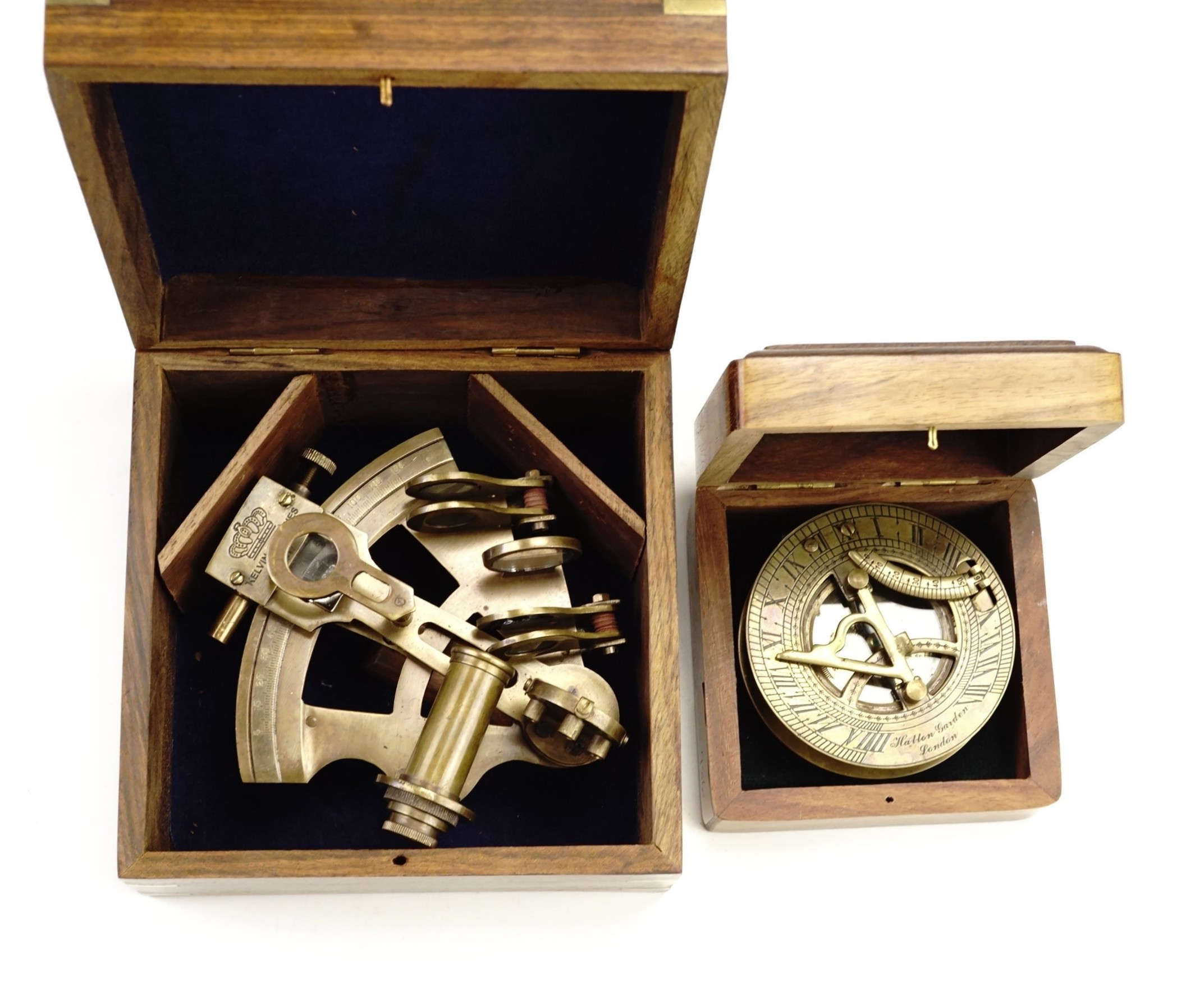A brass travel sundial, having compass, folding gnomen and elevation gauge, and a brass sextant, - Image 2 of 2