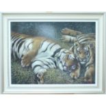 Joel Kirk (b 1948) "Always Alert" tigers resting, oil on artists' board, in ornate frame under