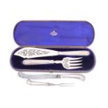 A cased set of Victorian silver fish servers, having plain moulded handles, the fork and blade