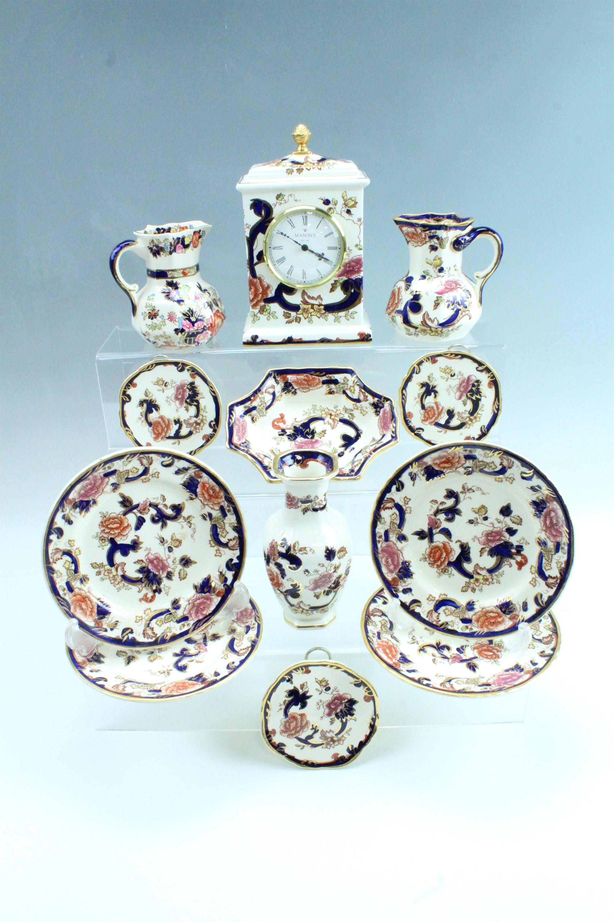 Mason's Blue Mandalay ware including a clock, jug, vase, plates etc, together with Mason's