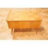 A 1950s / 1960s parquetry oak sewing box, and contents, 66 x 38 x 42 cm