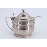 A Georgian glass lined silver mustard pot and matching spoon, of waisted oval form with a loop