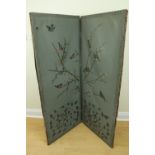 An early 20th Century two fold room screen, being canvas covered pine frames, the inside painted