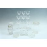 Eight Victorian / Edwardian etched glasses together with a pair of salts and cut glass lidded jar
