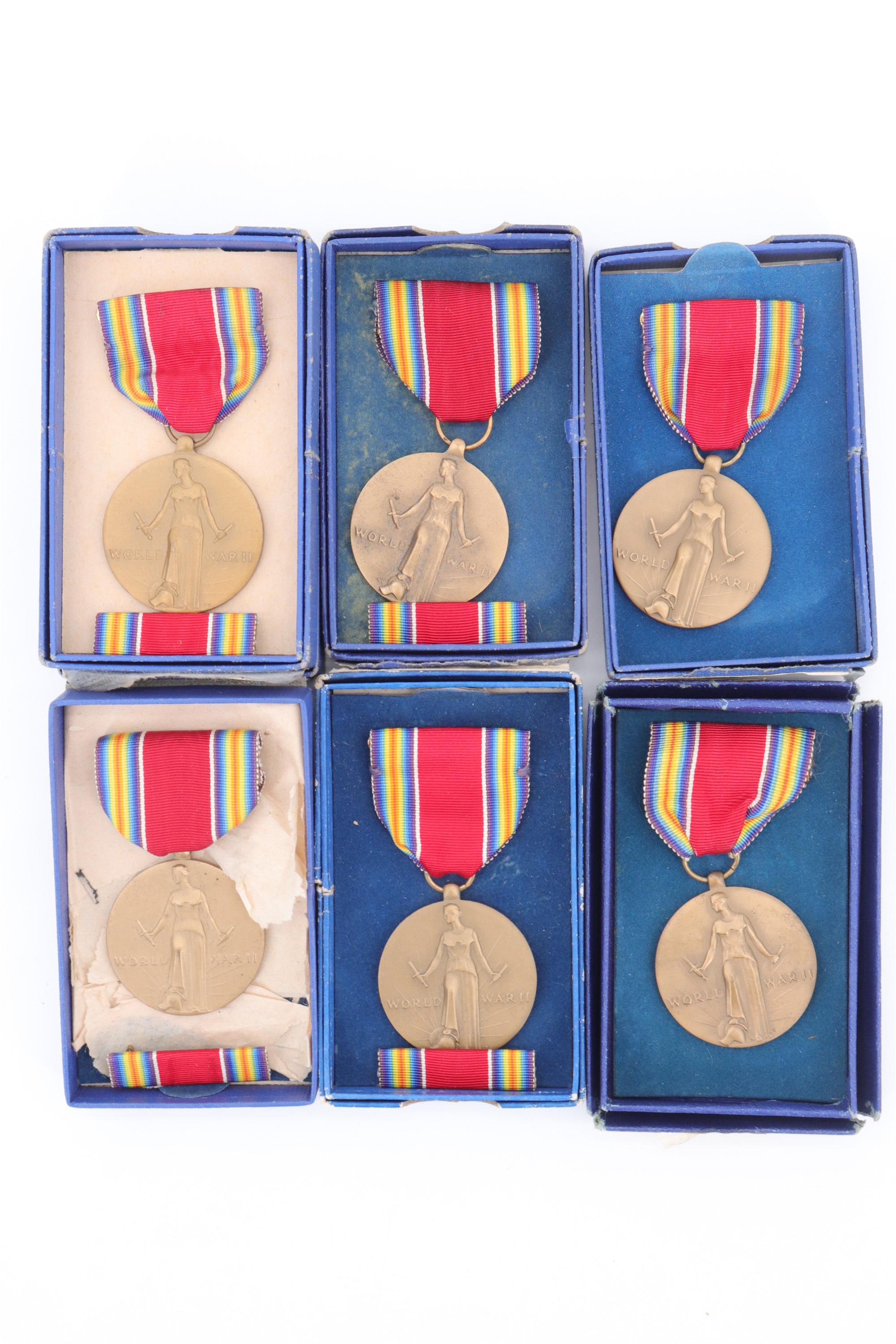 Six Second World War US Victory Medals, boxed