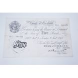 A Bank of England Peppiatt "White" Five Pound banknote, dated 9th January 1945, H11 095995