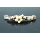 A Victorian pearl and green stone finger ring, converted to a brooch, 4 cm
