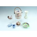 A group of ceramics, including a Belleek vase, a Mailing dish, two items of blue Wedgwood
