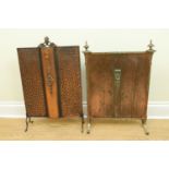 An Edwardian brass and copper fire screen, having a planished panel, scrolling feet and ornate