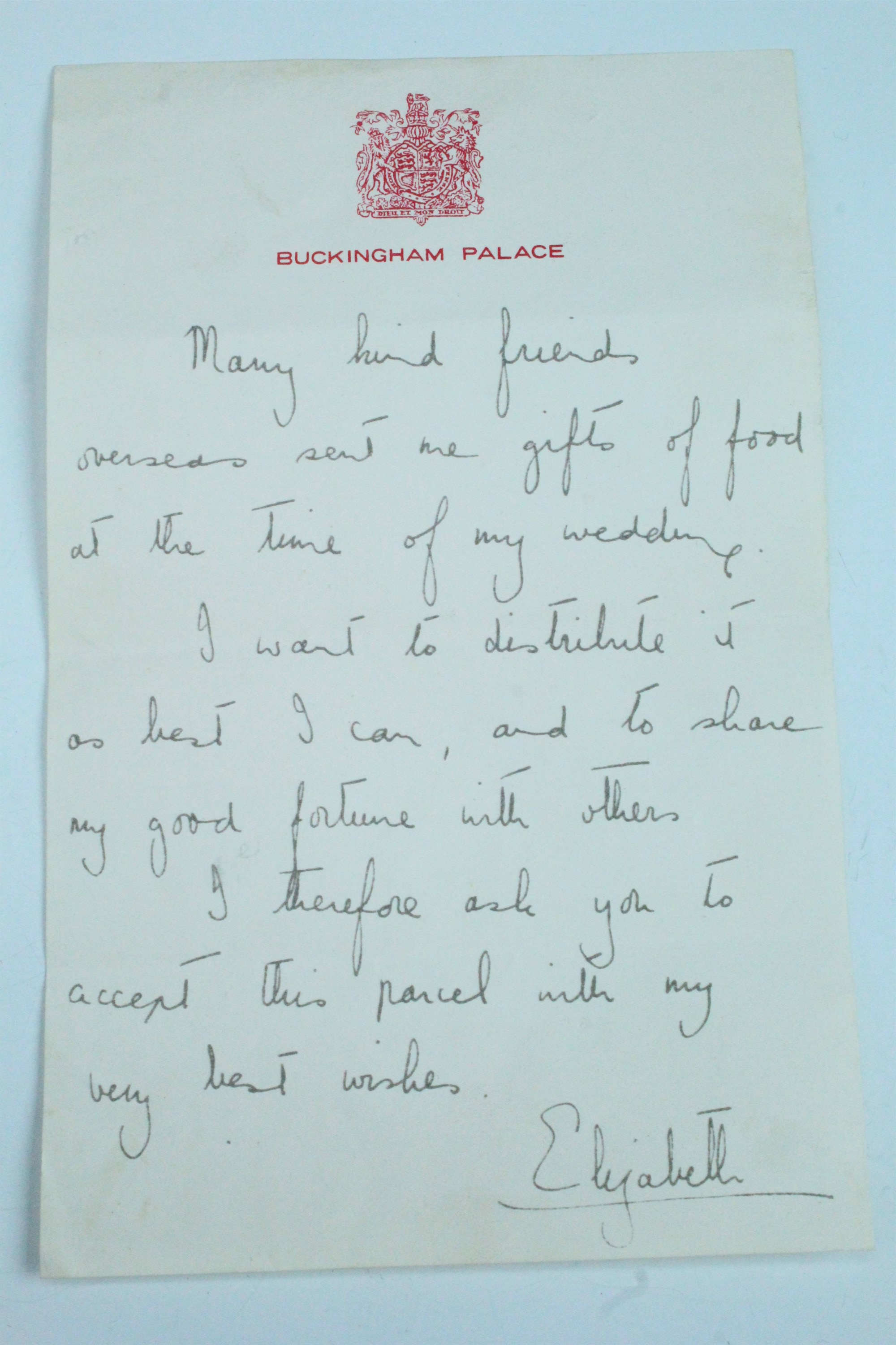 A printed letter from Queen Elizabeth II which accompanied gifts following her wedding in 1947, it