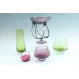 A group of glass, comprising a studio glass footed bowl, three flashed glass vases etched in