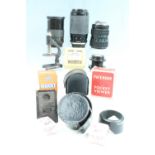 35 mm SLR camera lenses including Hanimex 70 - 300, Pentax 28 - 80, Lensbaby flexible coupling,