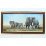 David Wilkinson Oil on canvas, in the style of David Shepherd, of a herd of elephants in a