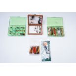 A Shakespeare fly box and flies together with two others and Toby spinners