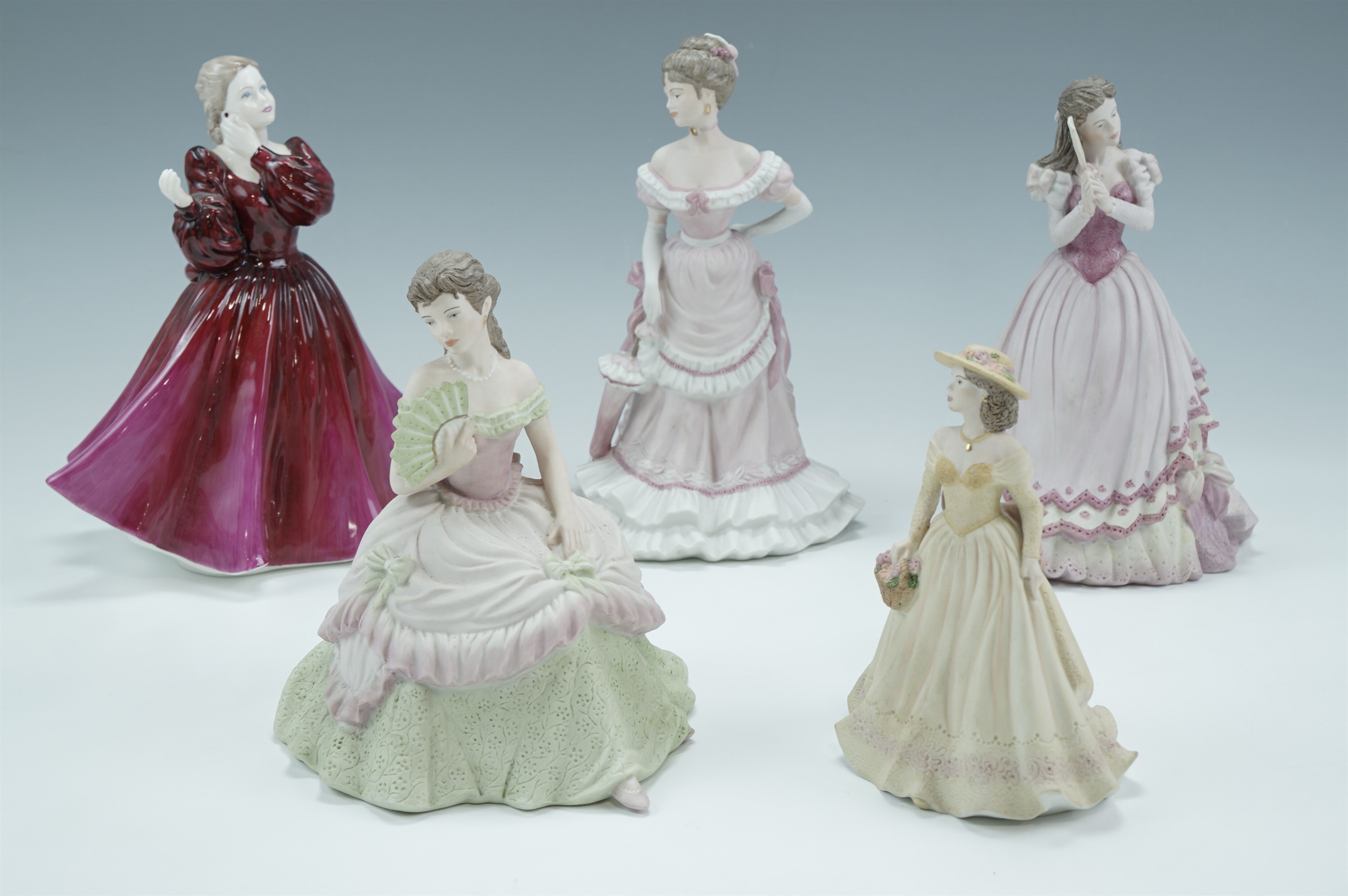 Five Coalport figurines, Interlude, Gala Occasion, Promenade, Fay, and Ruth, tallest 20 cm