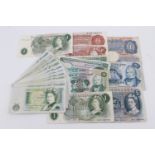 A group of GB banknotes, comprising a Peppiatt one pound, an O'Brien ten shillings, a Fforde five