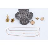 A quantity of 9 ct gold, yellow metal and silver, including a watch back, a necklace and a pair of