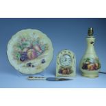 An Aynsley Orchard Gold table lamp, a clock, and a boxed cake plate, lamp 28 cm,