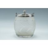 An electroplate mounted frosted and cut glass biscuit barrel, 18 cm