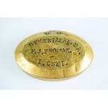 A Welsh miner's brass tobacco / snuff tin, bearing engraved dedication 'Dymuniadau Da, F.J.