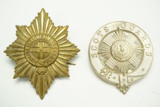 A Scots Guards piper's bonnet badge together with a Coldstream Guards pagri badge