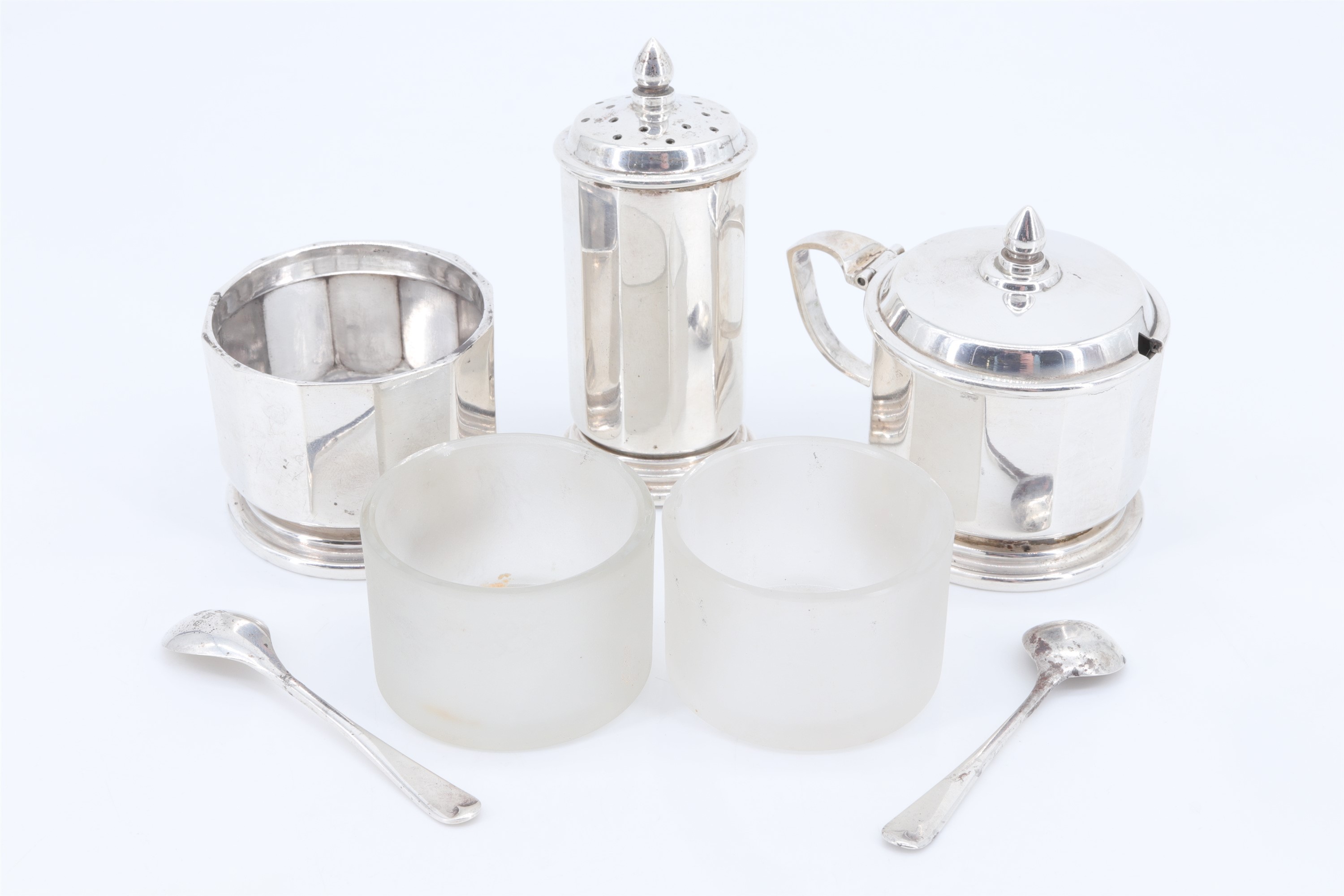 A silver three-piece condiment set, having two frosted glass liners, Hukin & Heath Ltd, - Image 3 of 4