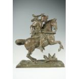 An early 20th Century patinated cast bronze figure of a knight on a rearing horse, unsigned, 47 x 25