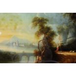 Early 20th century reverse painting on convex glass, a romantic landscape scene in a gilded