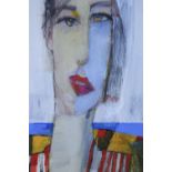 Jonathan Hood (Contemporary) "Beach Girl", dynamic, stylized, head and shoulders portrait, mixed