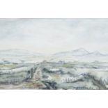 W Howden "Eildon Hills After The Rain", fluid Scottish landscape, watercolour and ink, double card
