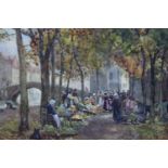 Joseph W Milliken (1887-1930) "Bruges Old Town Market Places", a bustling, autumnal watercolour,