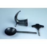 A mid 20th Century Norwegian drinking horn 'shot glass', by Handstort, a 'Royal Pewter' corkscrew by