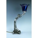 A reproduction Art Nouveau figural table lamp, having a marbled glass shade, 47 cm