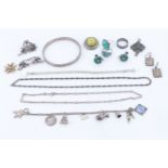 A quantity of silver and white metal jewellery, including a pair of turquoise earrings, two choker