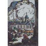 R Beaty "Carel Cross", a lithographic print with watercolour wash depicting Carlisle Market Cross,