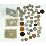 Three Italian 1944 10 Lire banknotes, together with a small group of world coins including a