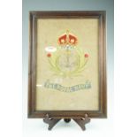 A Great War period Royal Navy embroidery, framed under glass, 45 cm x 33 cm overall