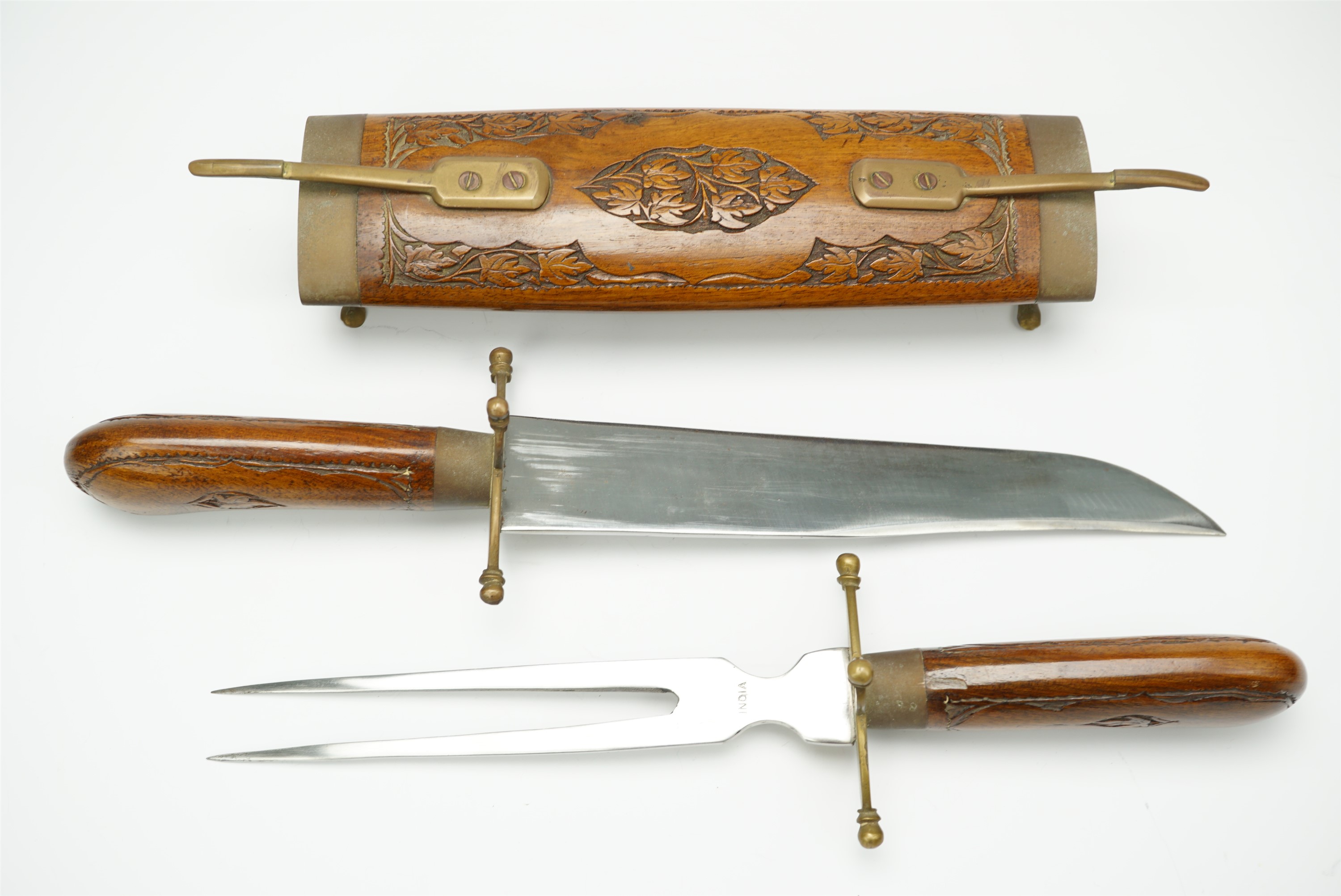 A 1940s South Asian carved hardwood carving set, (originally acquired in India by Major William - Image 2 of 2