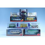 Nine boxed die-cast model buses including Daimler Roe together with two Oxford die-cast fire
