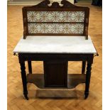 A Victorian tile-backed and marble-topped washstand, 93 cm x 54 cm x 119 cm