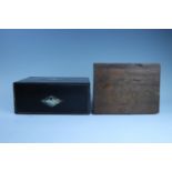 A Victorian mother of pearl and abalone inlaid ebonised wooden storage box, (a/f), together with