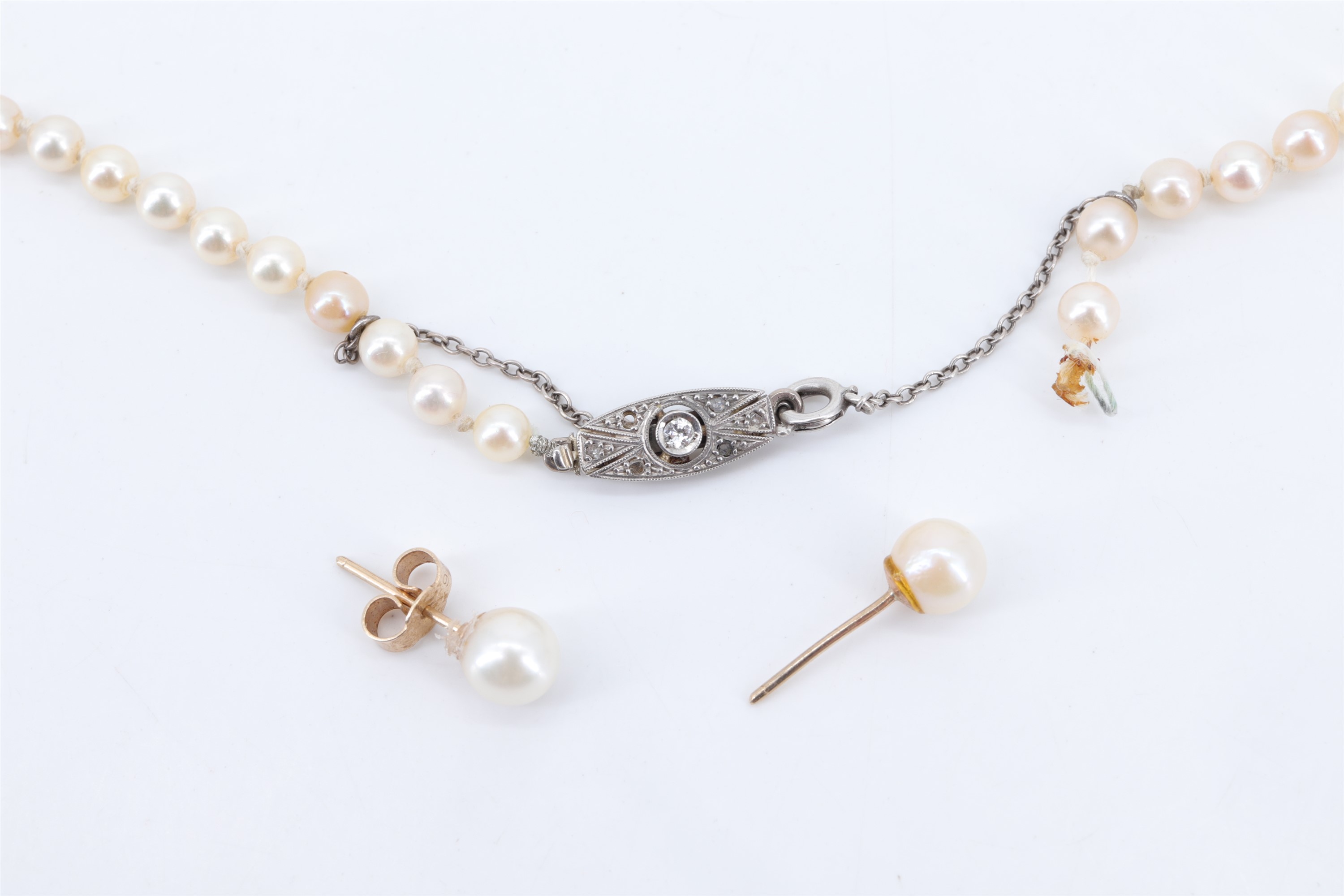 A 1950s pearl and diamond matinee necklace, graduated knotted cultured pearls, having a white - Image 2 of 2