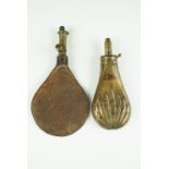 A Victorian Sykes powder flask together with a leather shot pouch