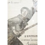 Original World War One French War loan poster, depicting a enthusiastic soldier clutching his rifle,